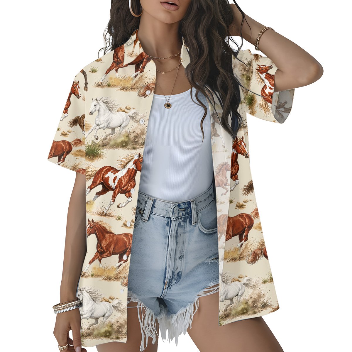 Lifestyle view showing the beige horses hawaiian shirt worn outdoors