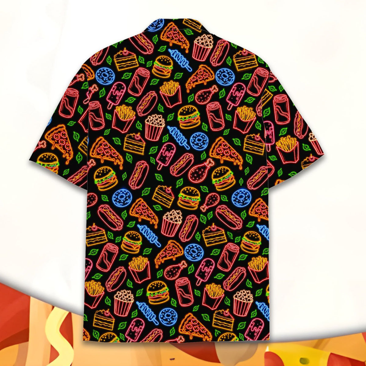 Back view of the food hawaiian shirt with bright neon graphics