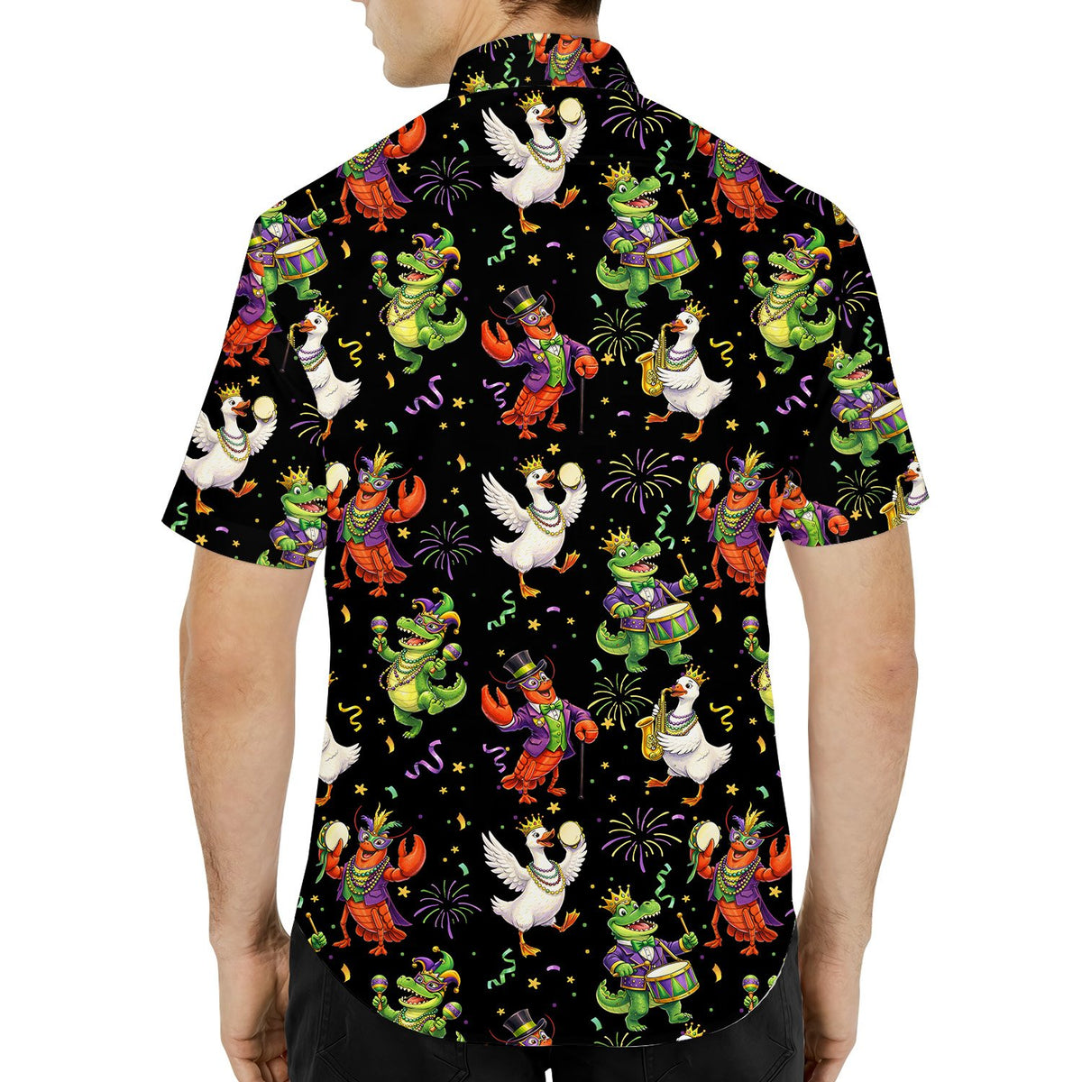 Third lifestyle view of the festive mardi gras hawaiian shirt