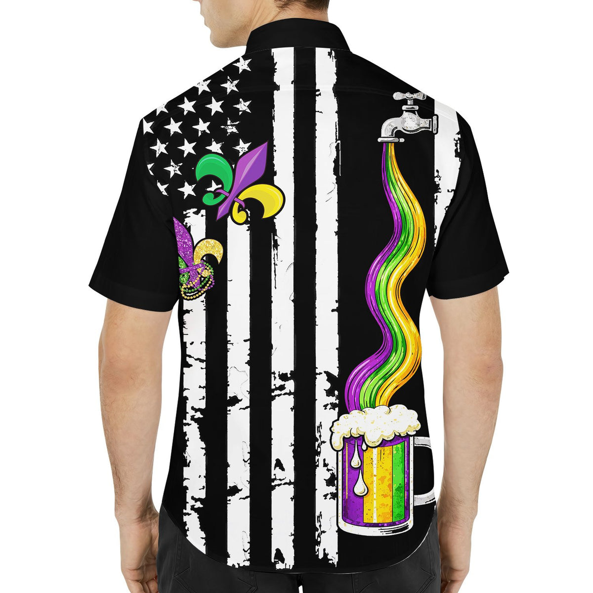 Third lifestyle image of the mardi gras hawaiian shirt in action