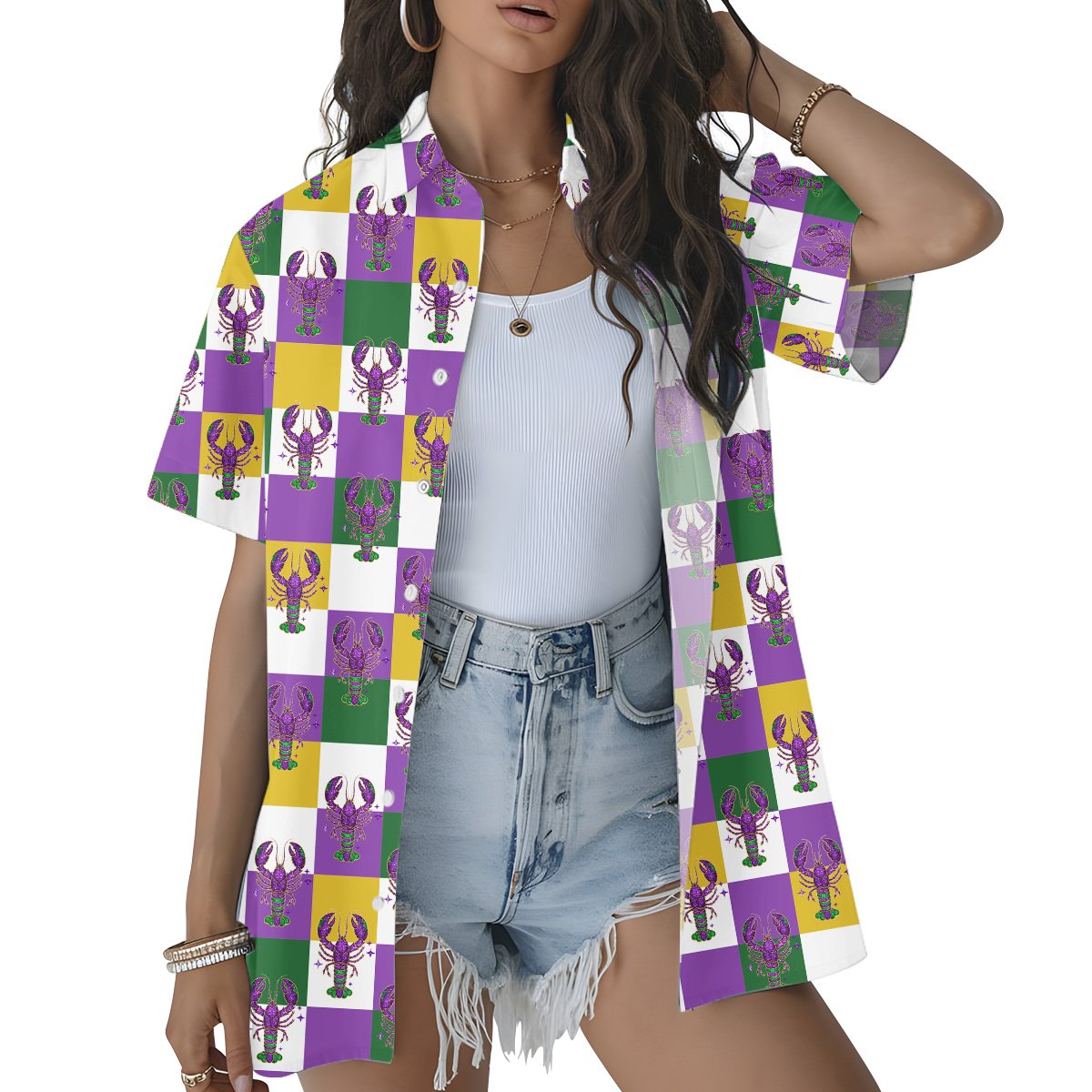 Third lifestyle view showing the Mardi Gras hawaiian shirt in action