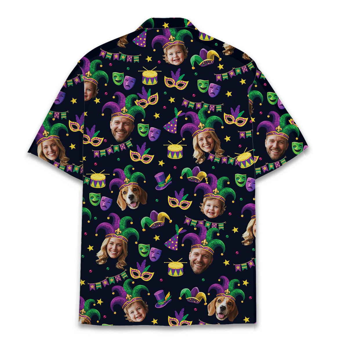 Back view of the navy Mardi Gras matching family hawaiian shirt