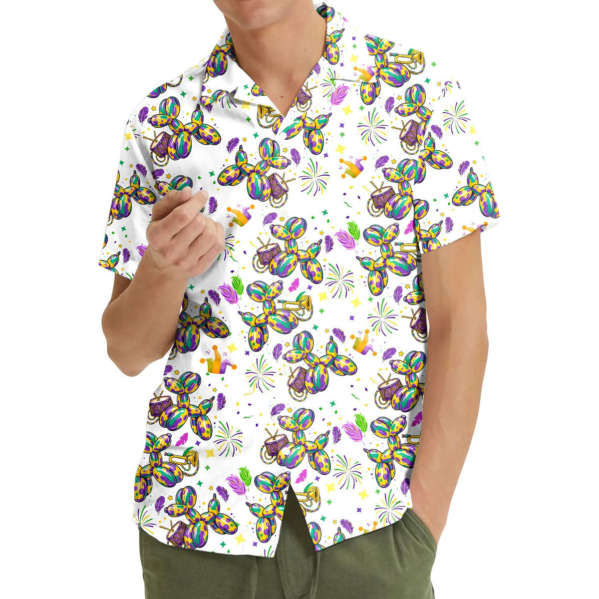 Third lifestyle view showcasing the white mardi hawaiian shirt in action