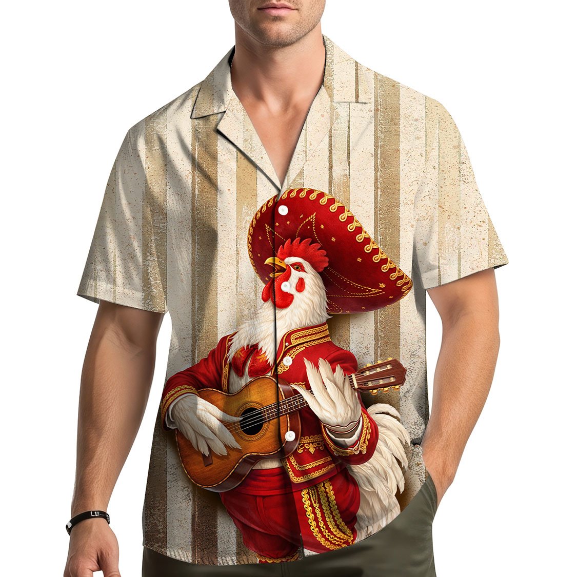 Lifestyle view of the matching family hawaiian shirts featuring a mariachi rooster