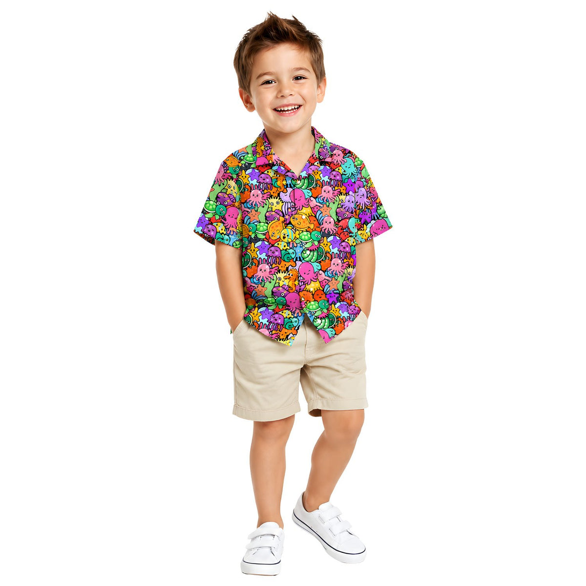 Lifestyle view of someone wearing the matching family hawaiian shirts