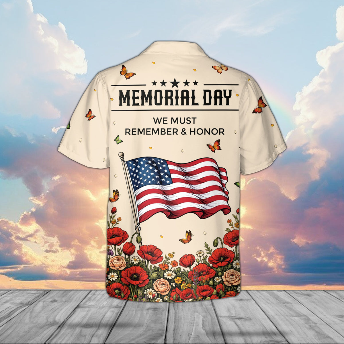 Back view of the memorial hawaiian shirt displaying an American flag and honor text