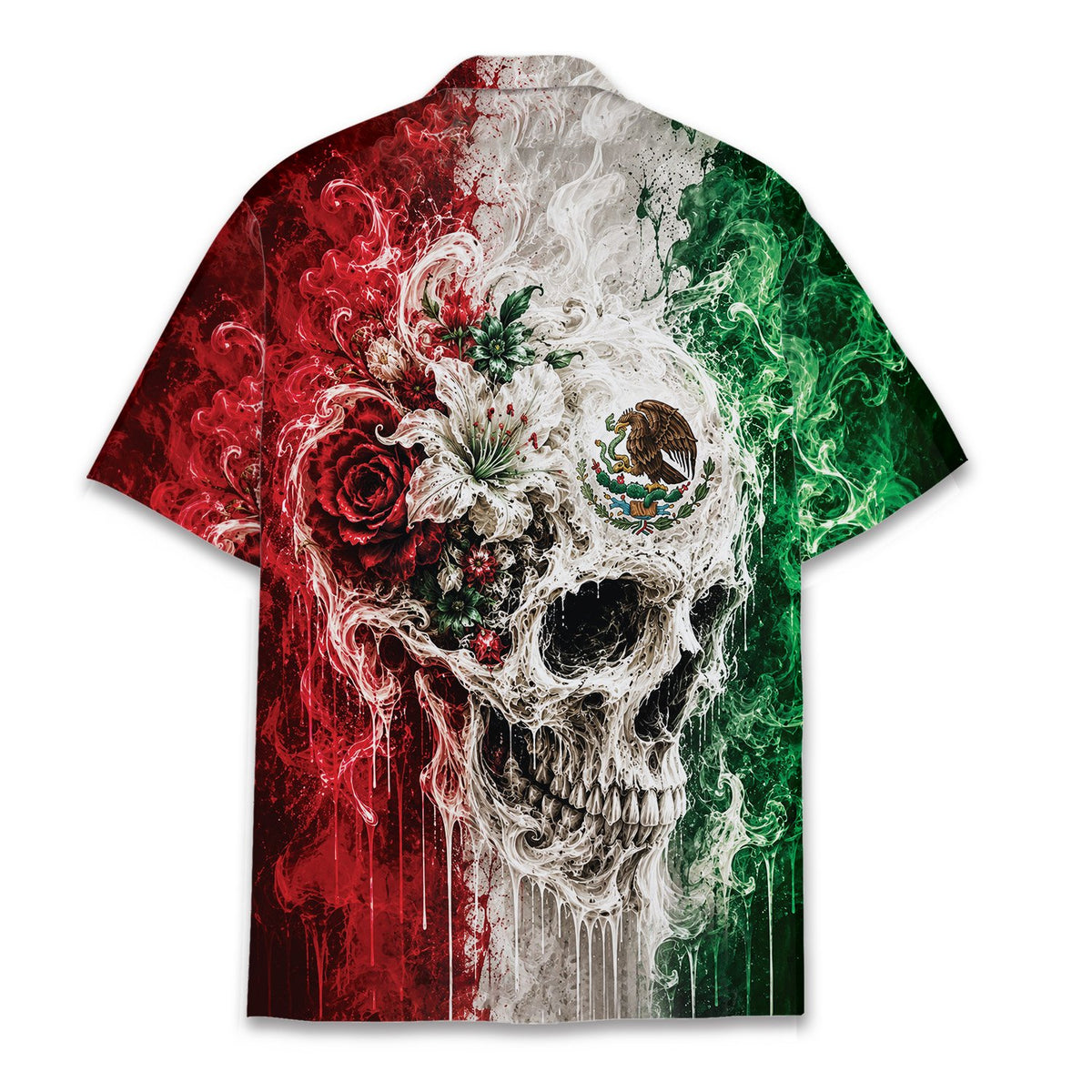 Back view of the Mexico skull hawaiian shirt showing the continued abstract flag pattern