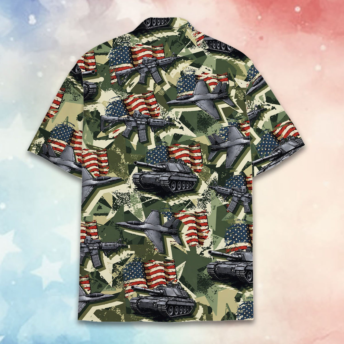 Lifestyle view of green military hawaiian shirt on family members, pose 6