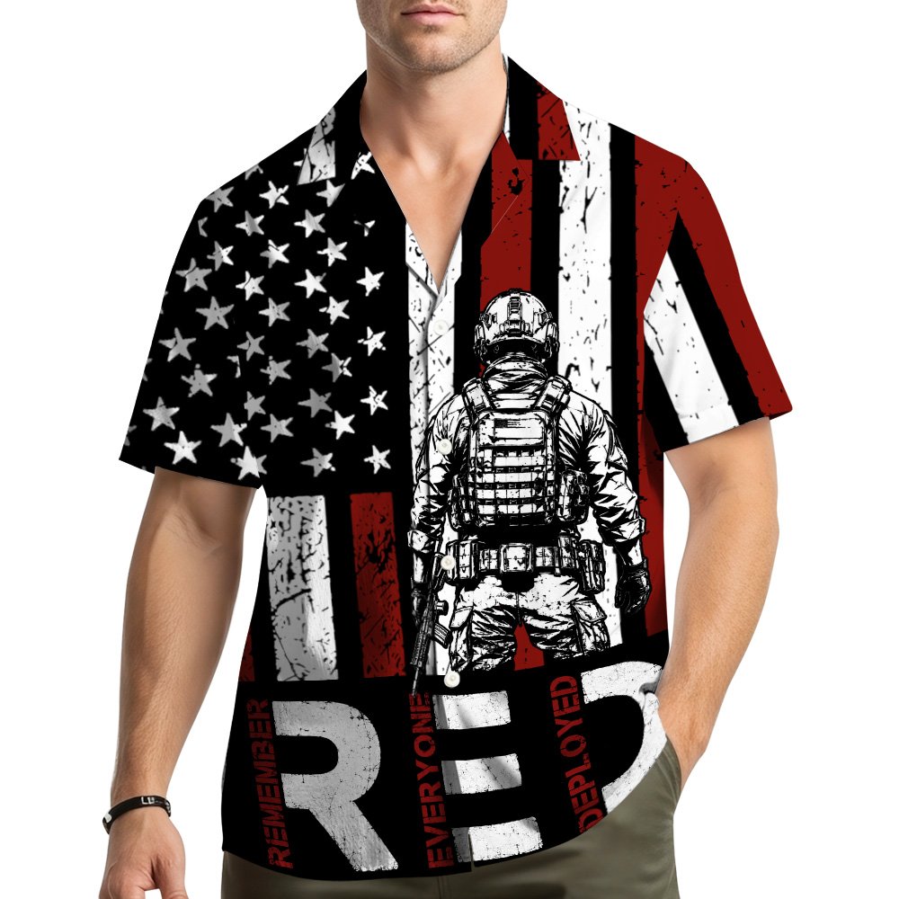 Lifestyle view of a person wearing the military/patriotic hawaiian shirt