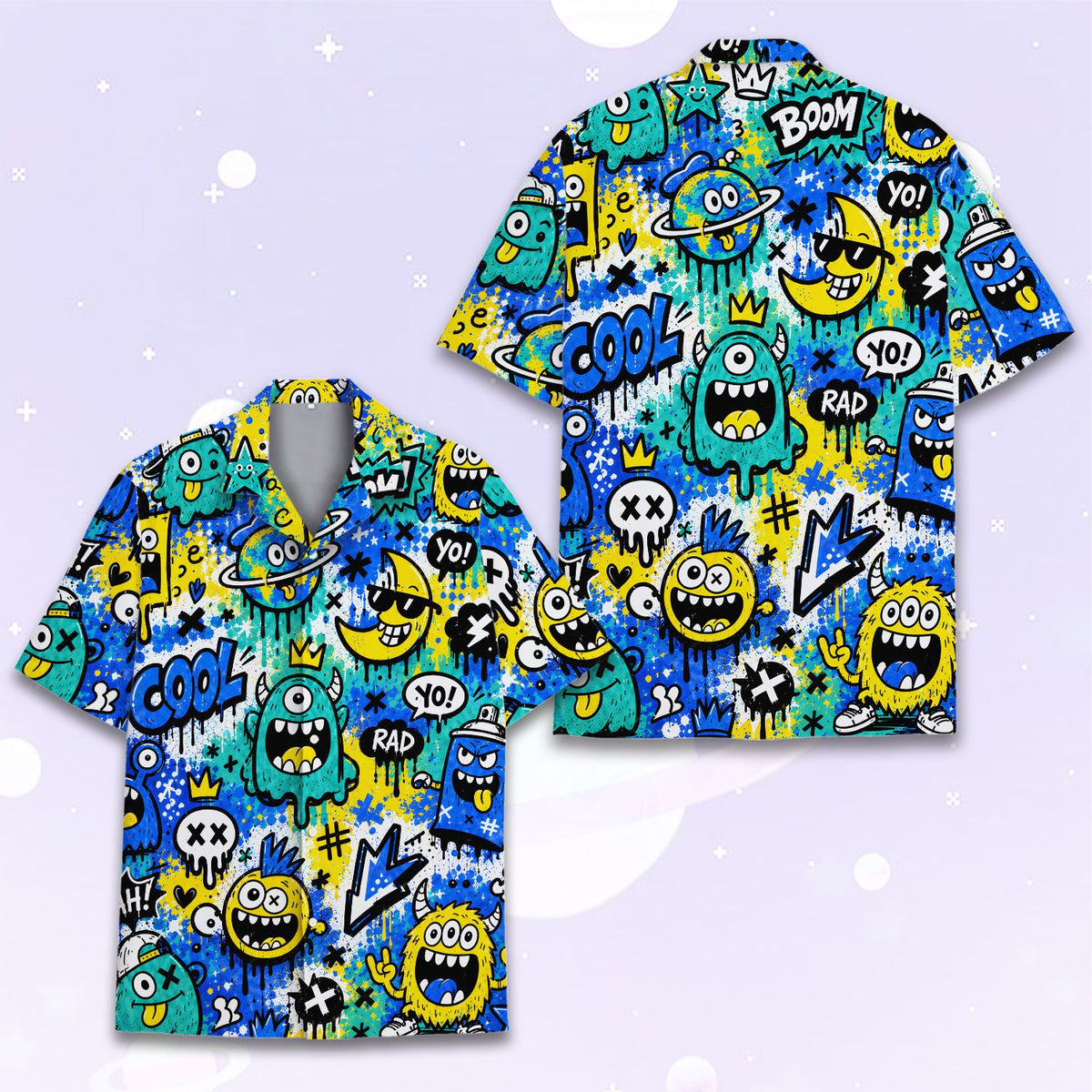 People posing in matching family hawaiian shirts with monster design