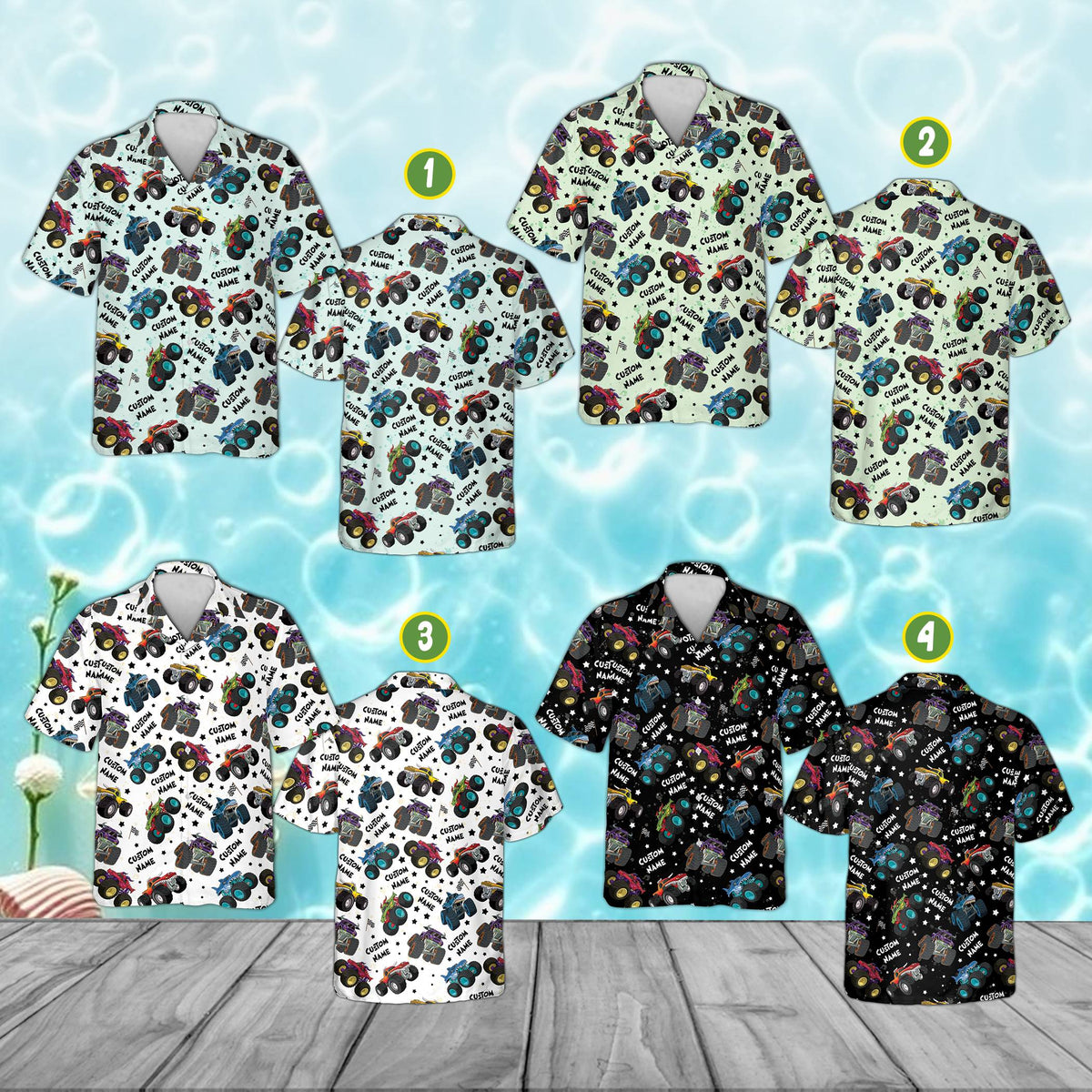 Detailed view of the colorful monster trucks and checkered flags pattern on the personalized hawaiian shirt