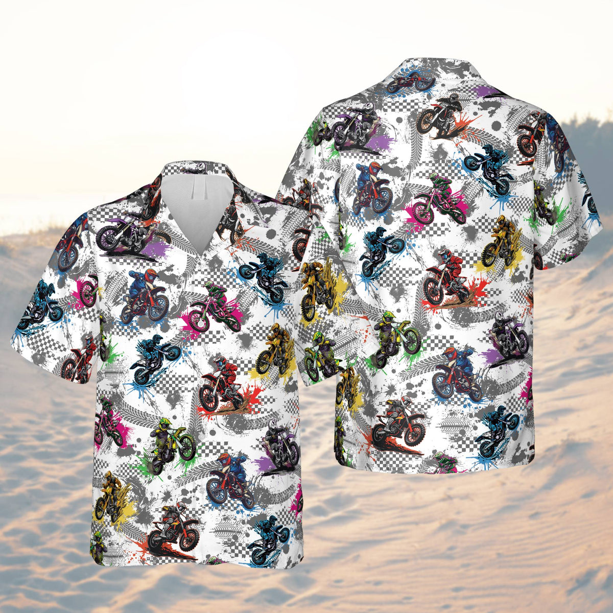 White motocross hawaiian shirt with tire track accents, front view