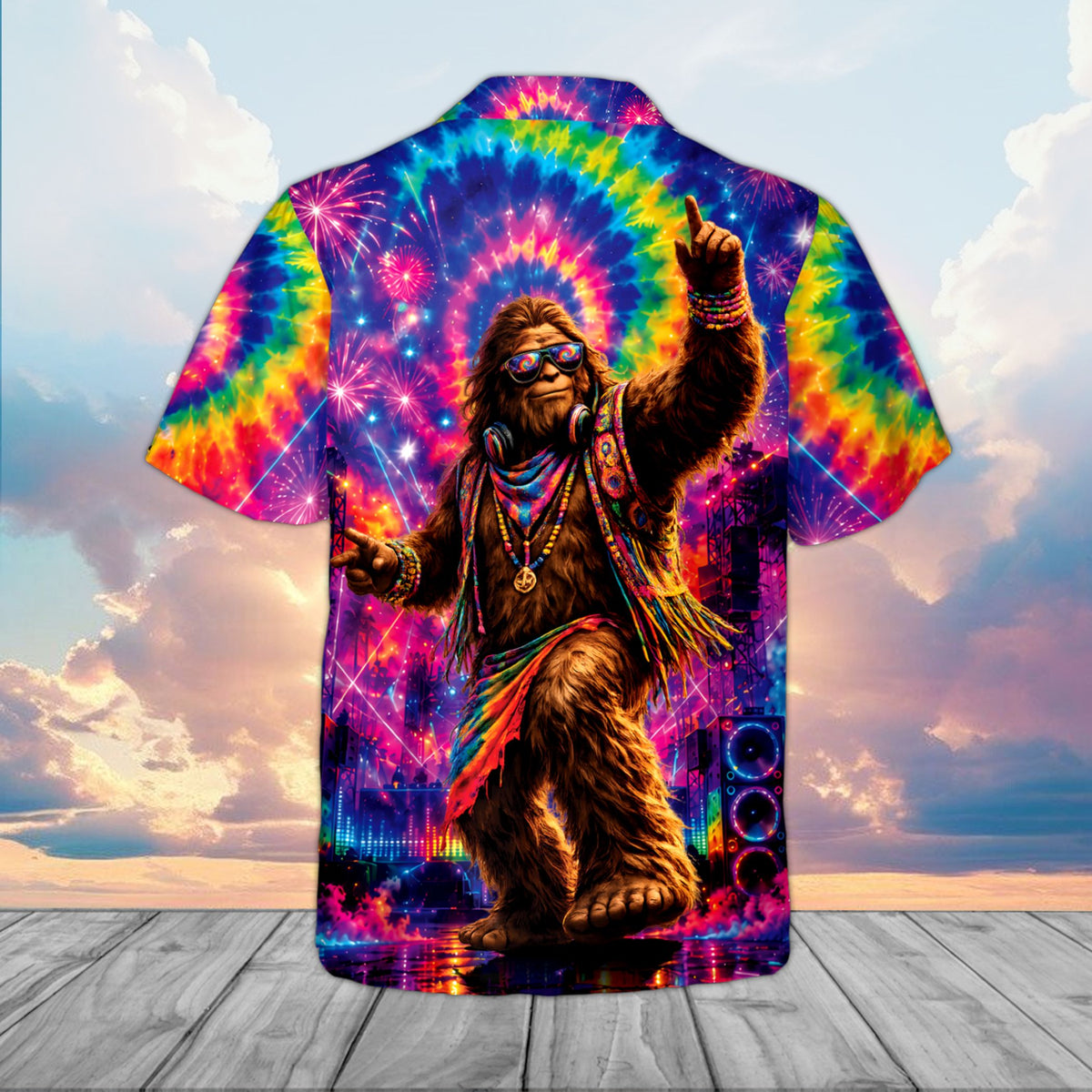 Back view of the abstract matching family hawaiian shirt with music and fireworks elements