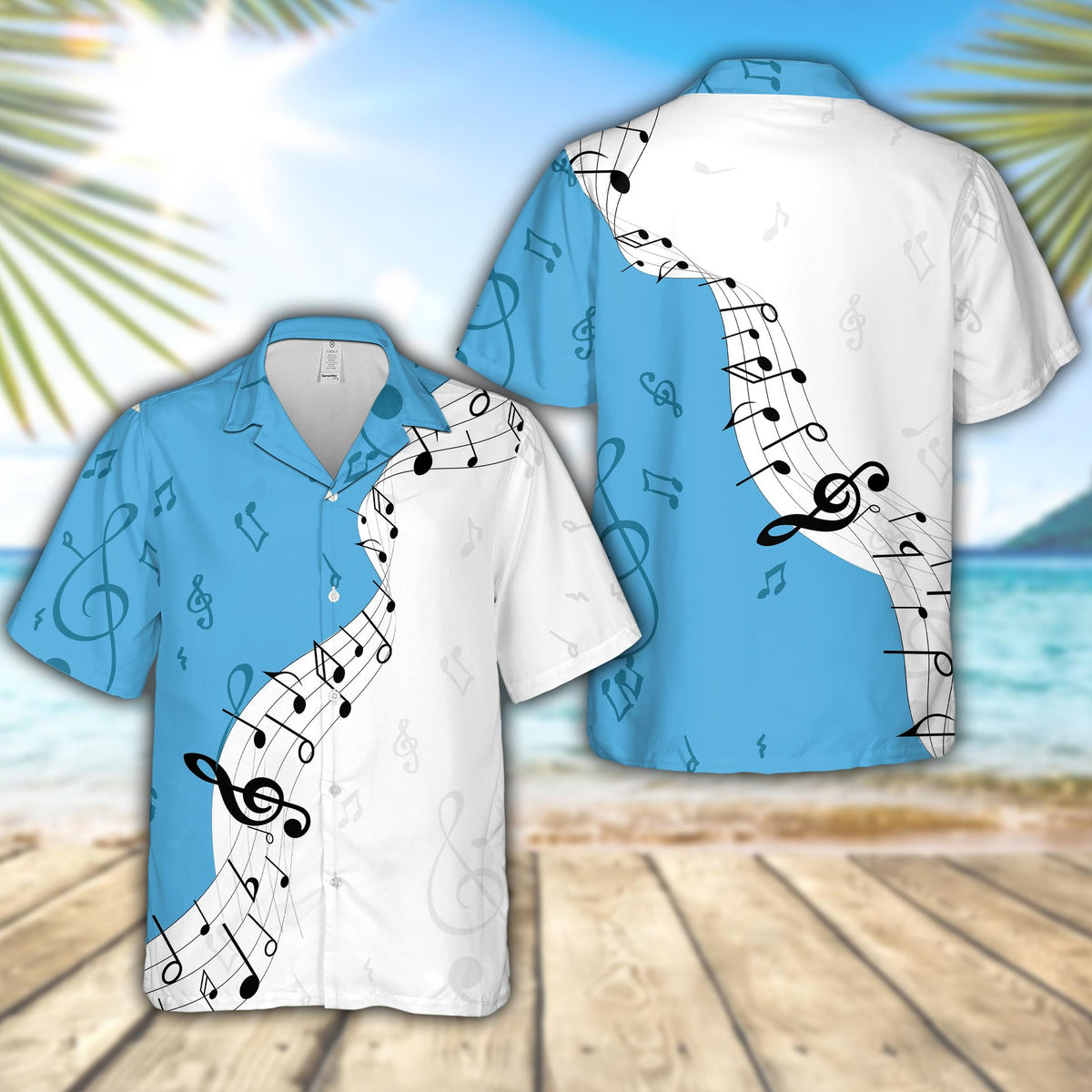 Matching family hawaiian shirts with an abstract music design, front view