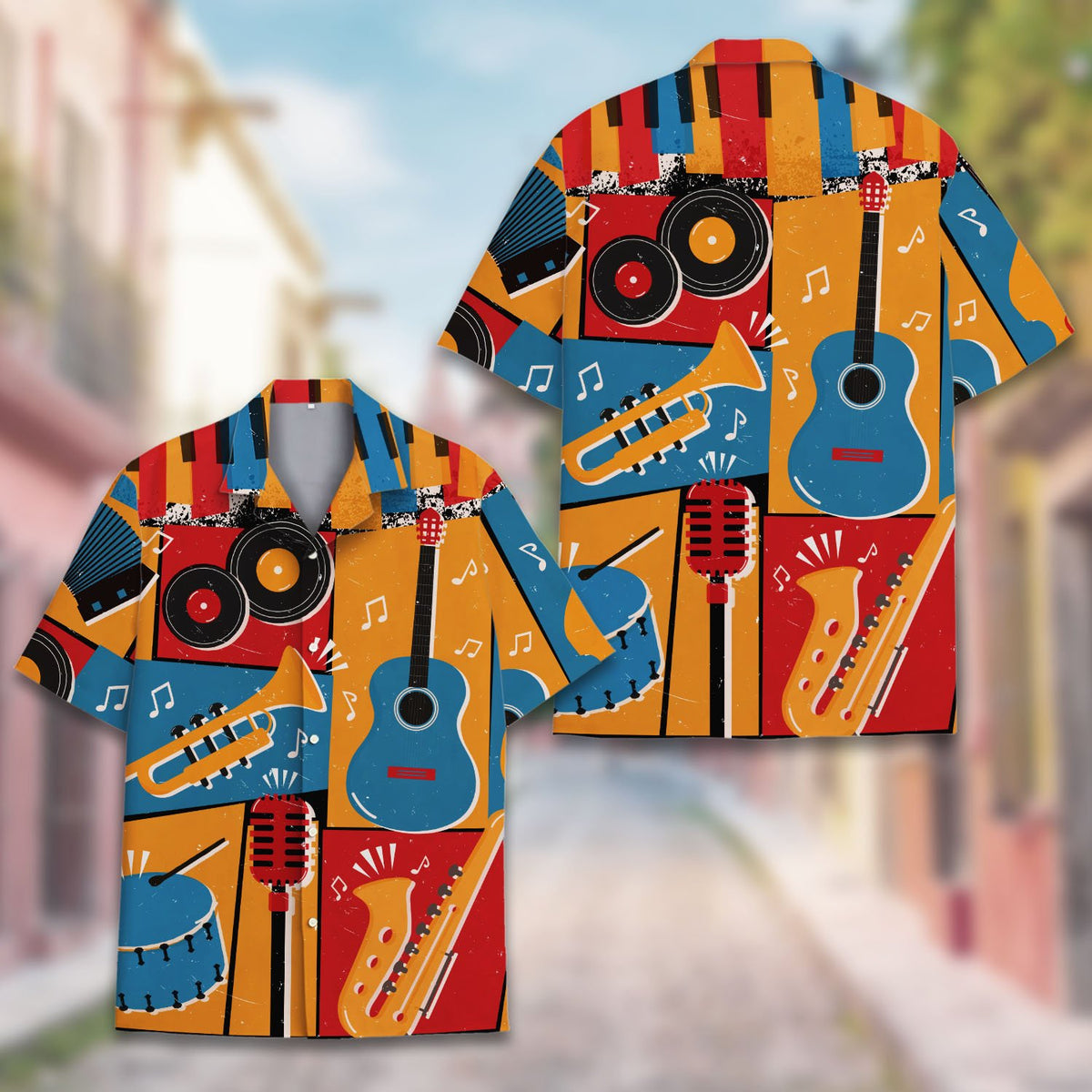 Detailed view highlighting the distressed textures and musical notes on the hawaiian shirt