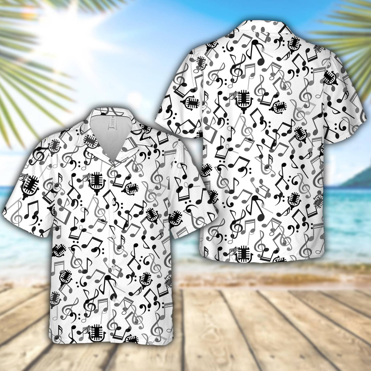 Front view of the white music hawaiian shirt displaying treble clefs and musical notes