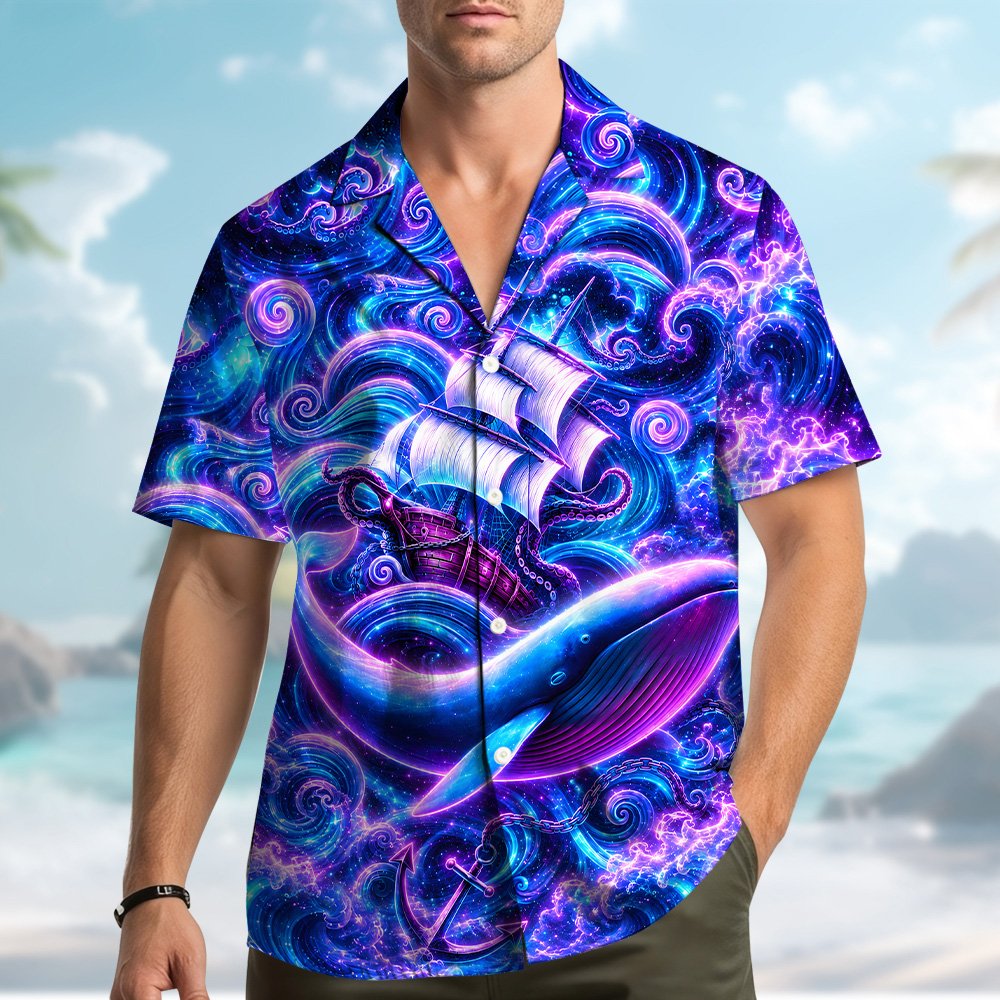 Third lifestyle view of the abstract hawaiian shirt