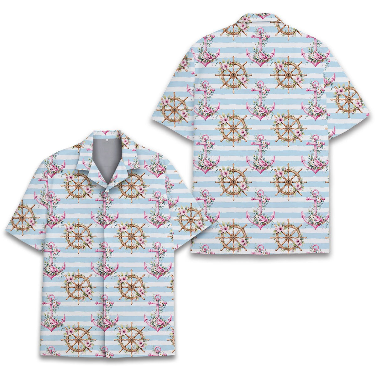 Detailed view of the nautical floral hawaiian shirt fabric pattern