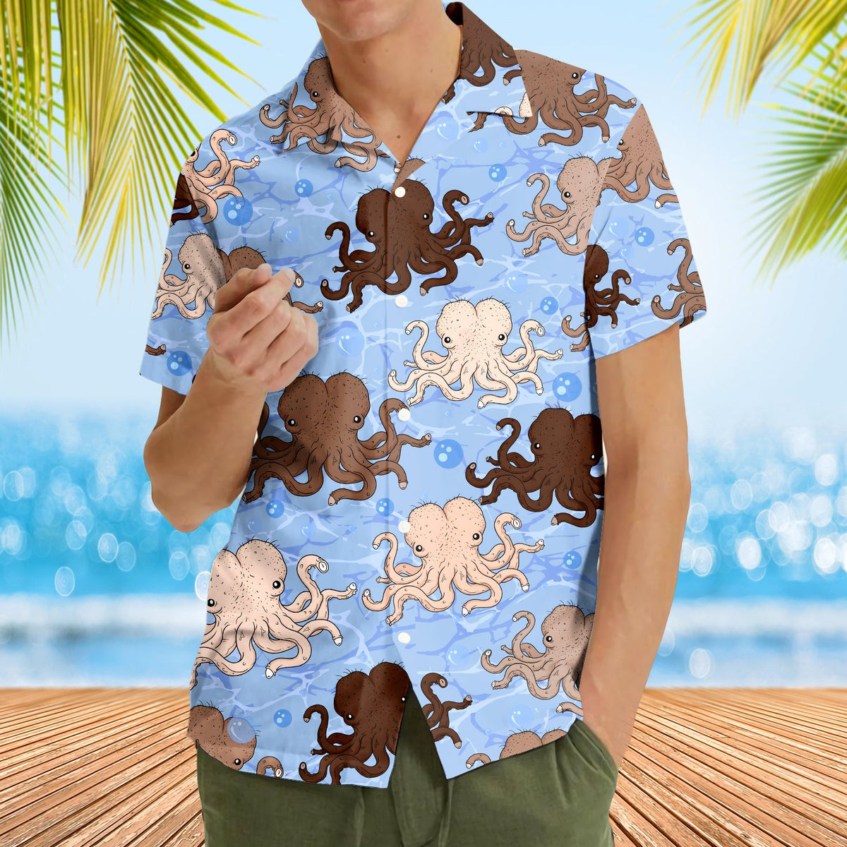 Matching family hawaiian shirts with a nautical funny octopus design in light blue, lifestyle fourth view