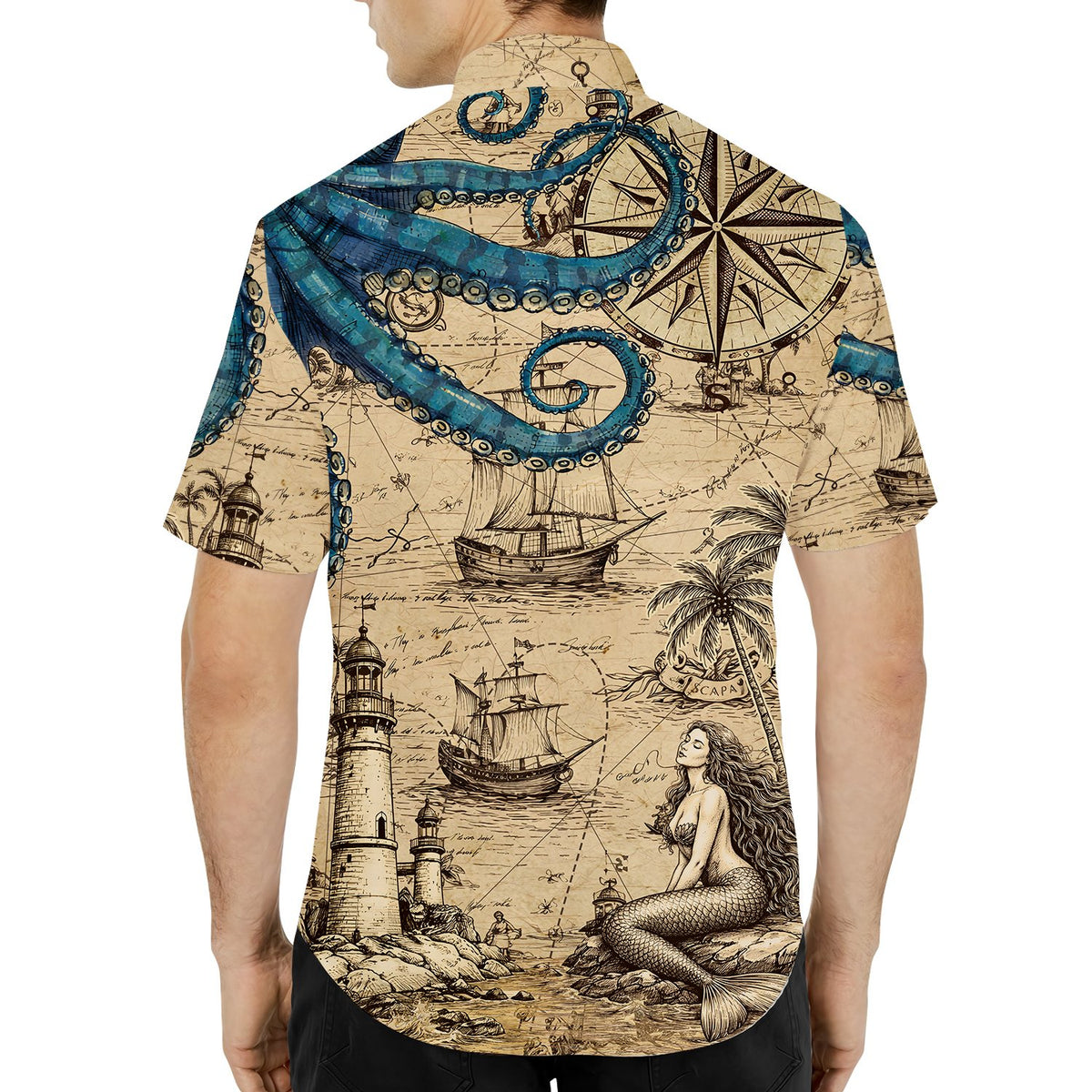 Third lifestyle view showcasing the matching family hawaiian shirts nautical design