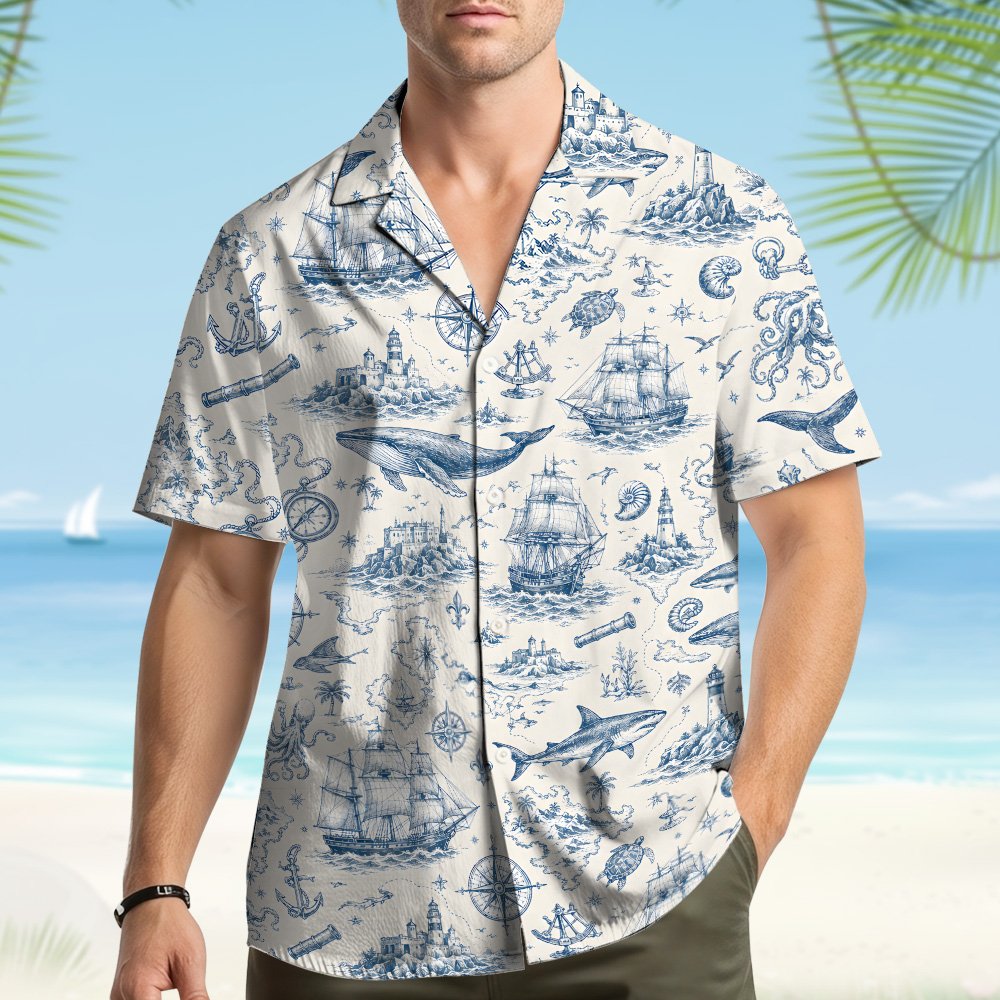 Another lifestyle view featuring the white and navy nautical hawaiian shirt