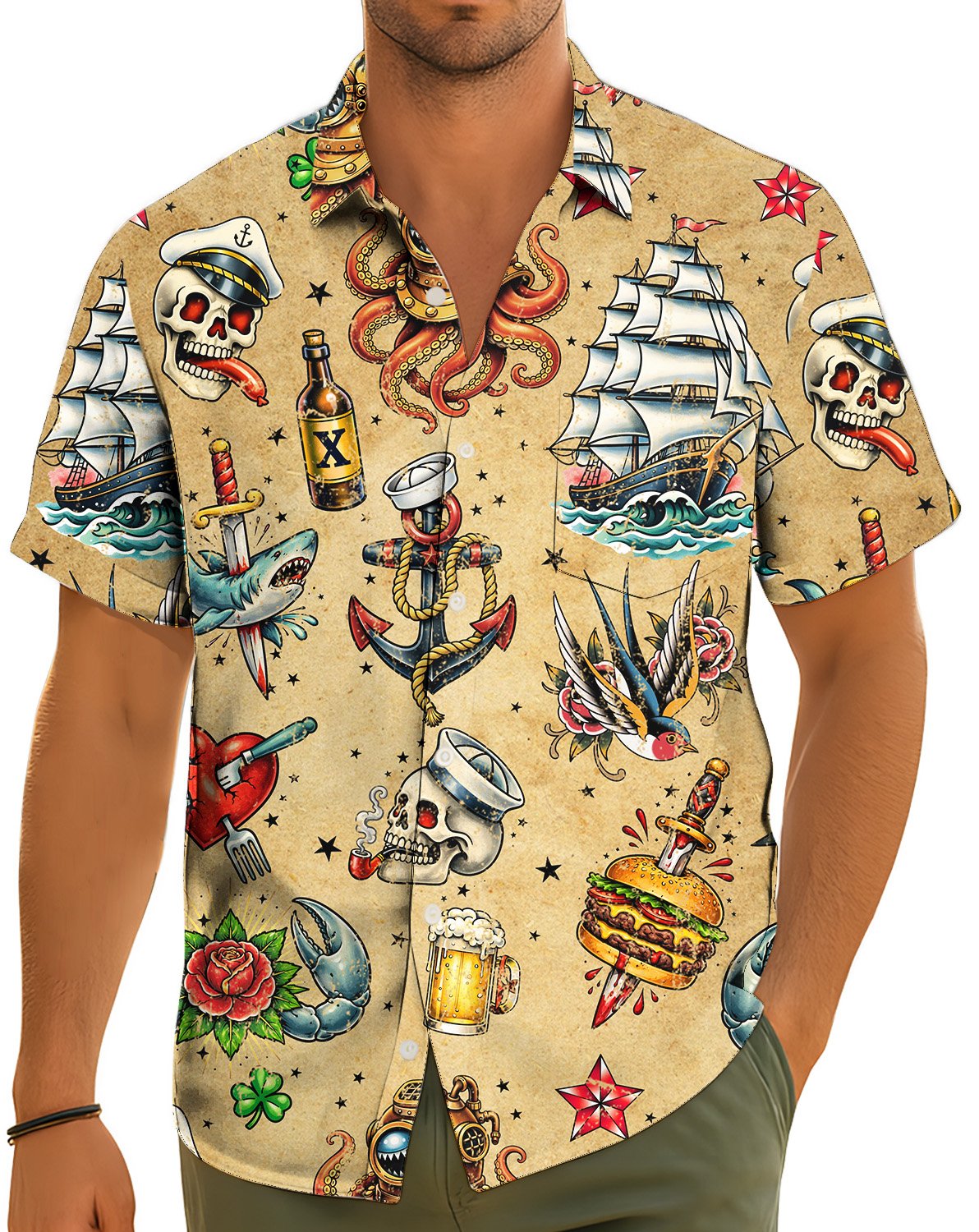 Lifestyle view of the matching family hawaiian shirts with nautical tattoo print