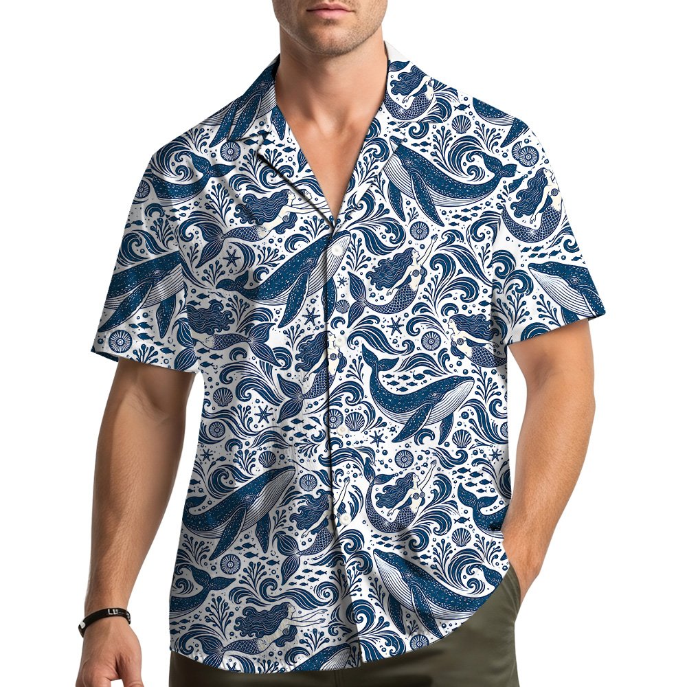 Lifestyle view of matching family hawaiian shirts worn outdoors