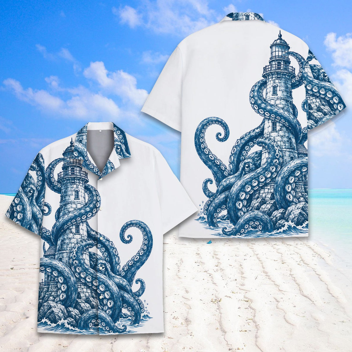 Side profile view of the white nautical hawaiian shirt showcasing the continuous wrap design
