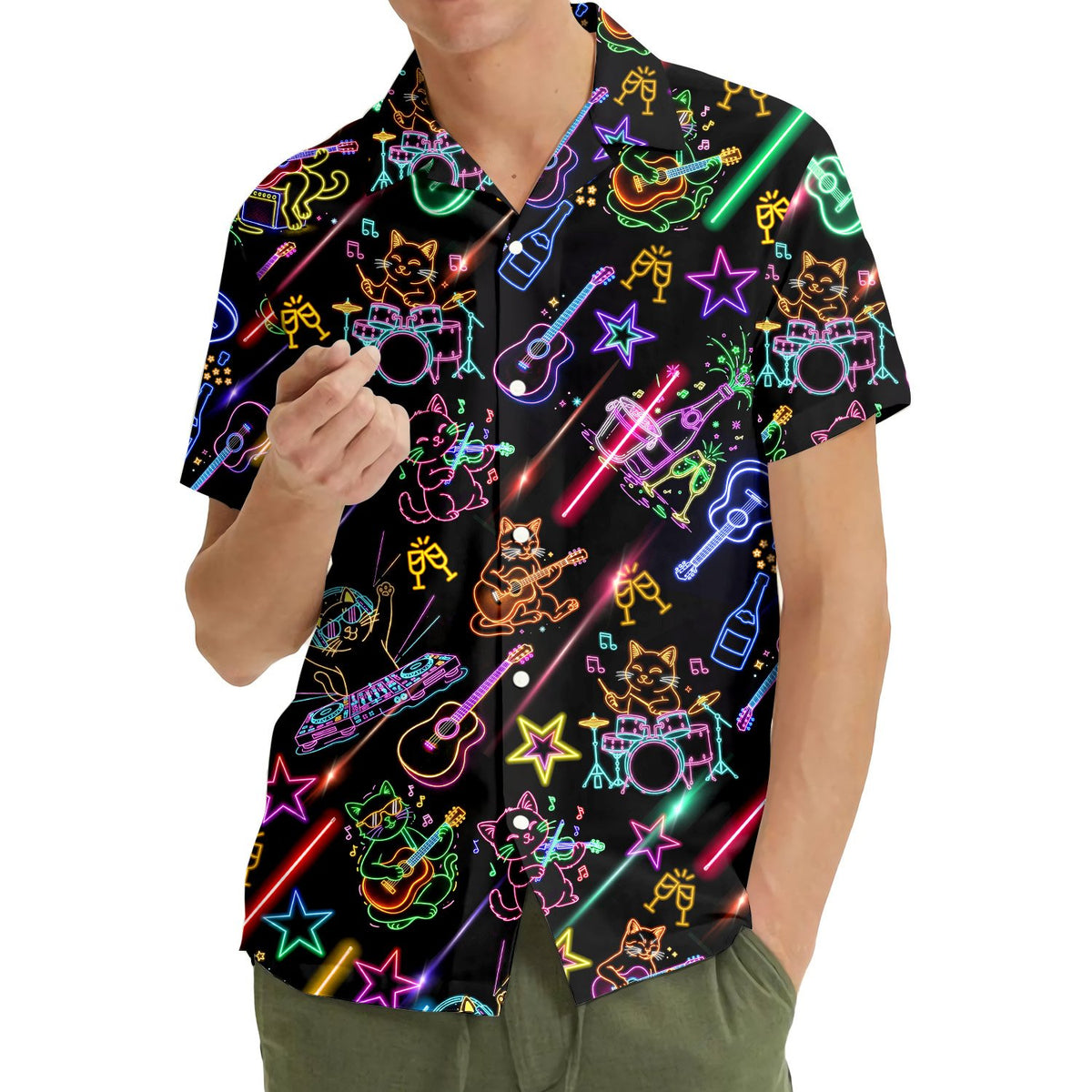 Third lifestyle view of people wearing the neon matching family Hawaiian shirt