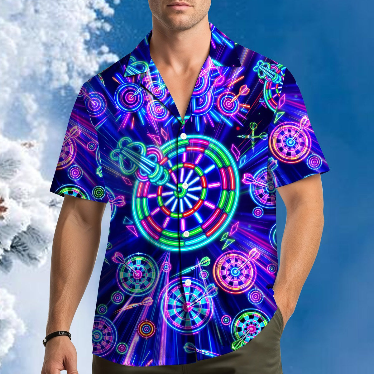 Person wearing the neon darts hawaiian shirt, lifestyle view 4