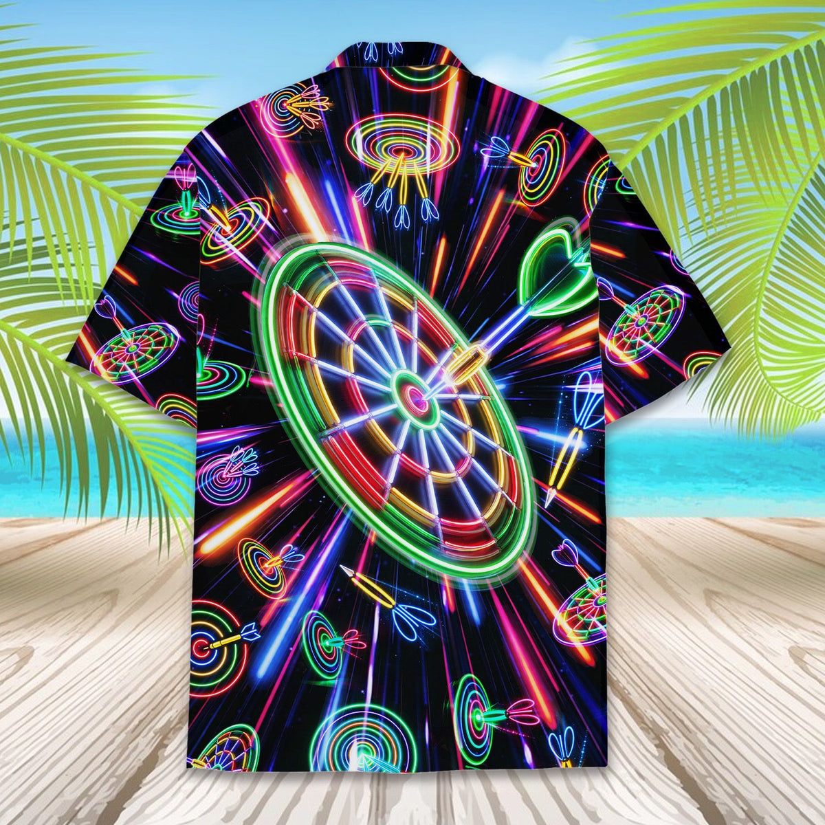 Alternative angle of the neon darts hawaiian shirt
