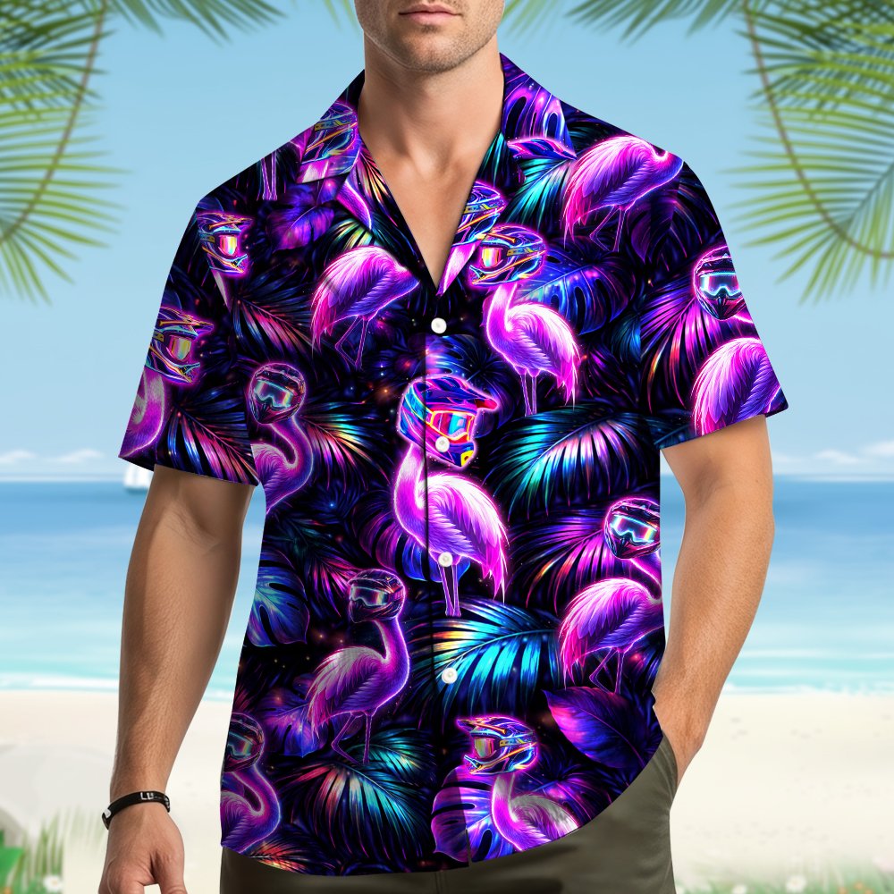 Second lifestyle view featuring the matching family hawaiian shirts neon flamingo design