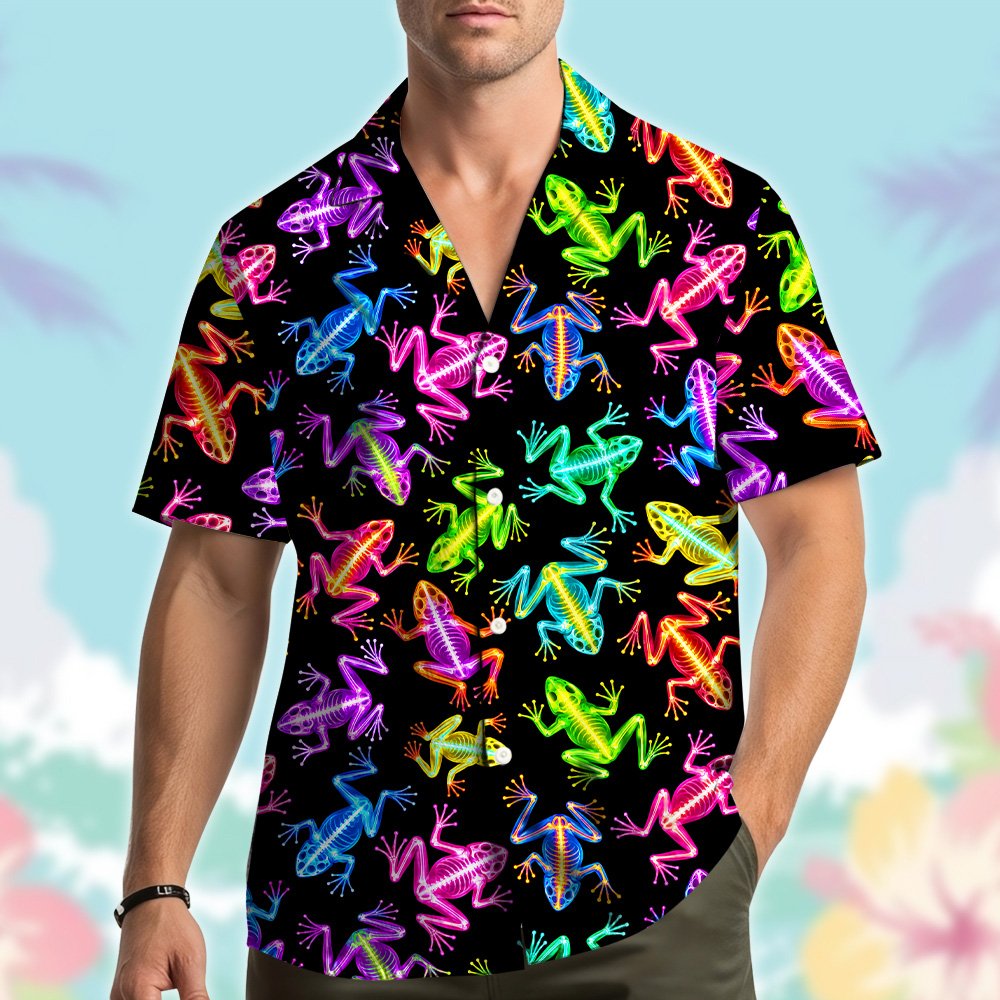 Lifestyle view of people wearing matching family hawaiian shirts in the neon frog skeleton design