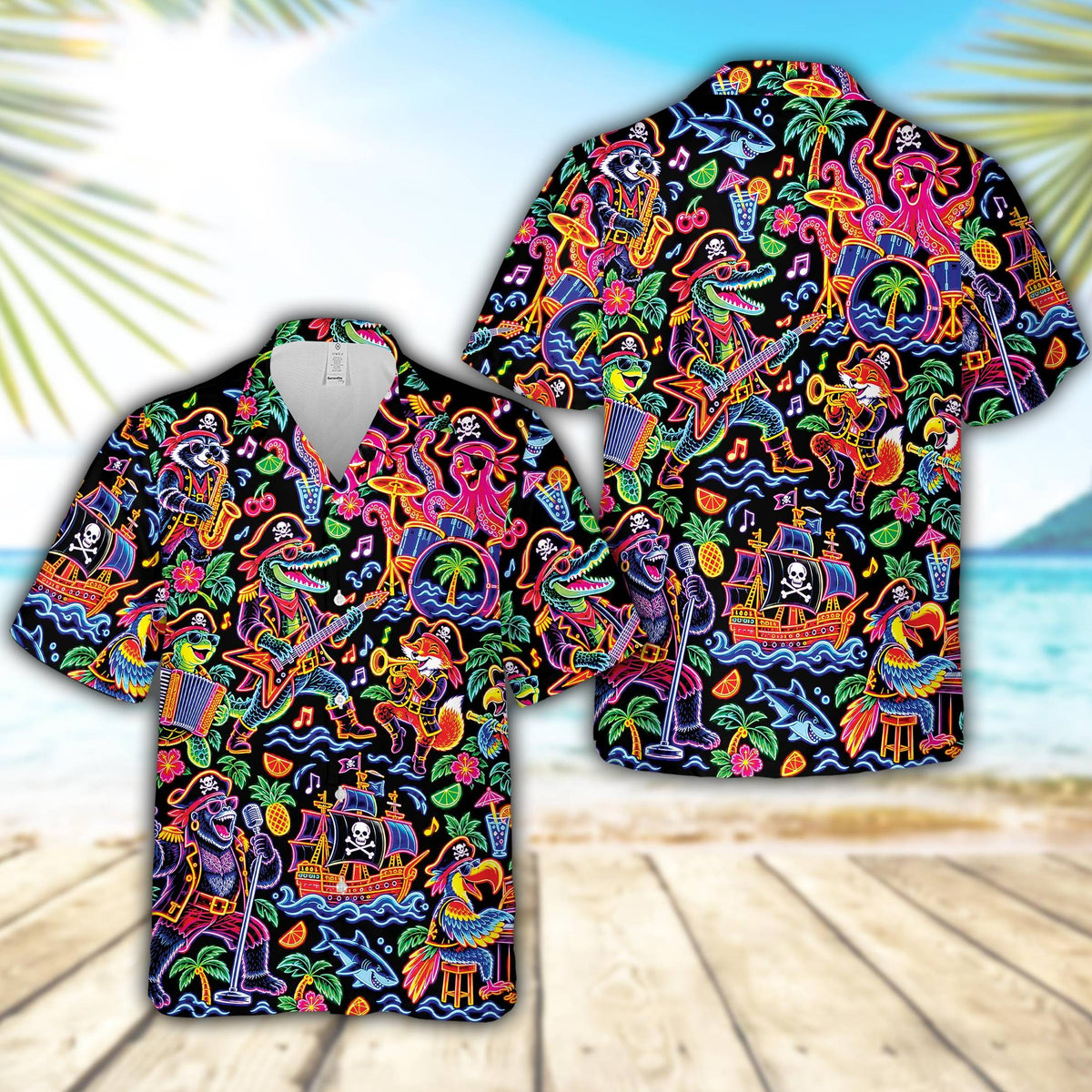 Front view of the neon pirate band hawaiian shirt with vibrant musical animal pirates