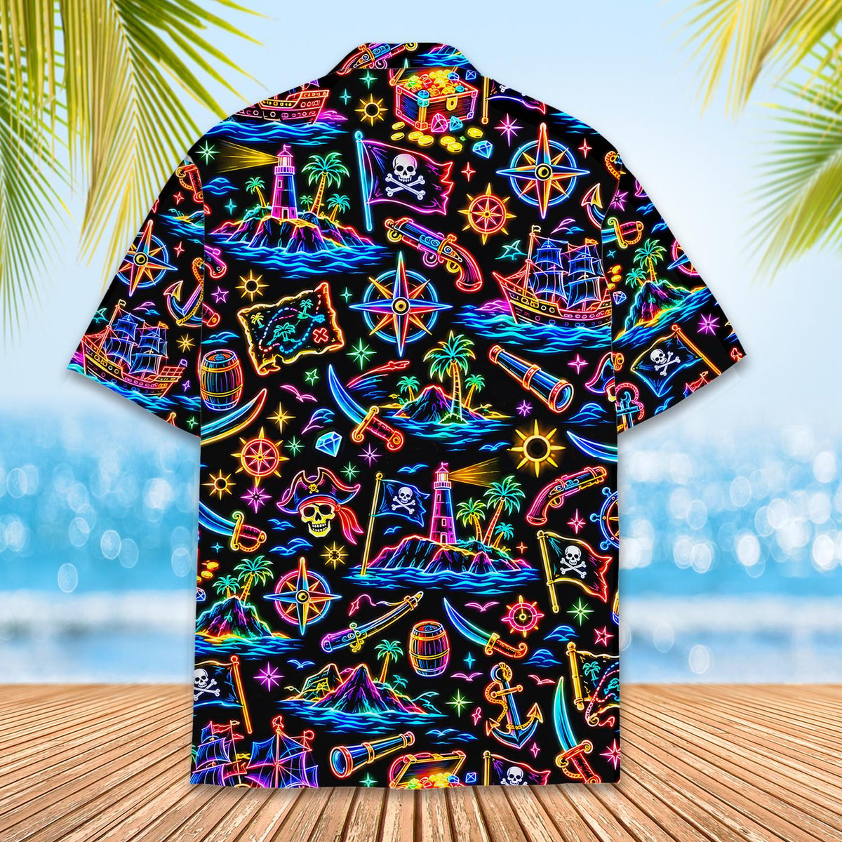 Full back view of the neon pirate hawaiian shirt for matching family outfits
