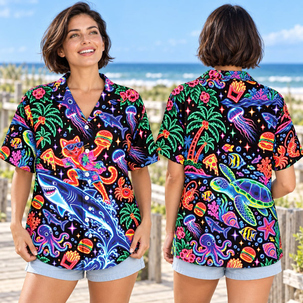 Lifestyle shot of the matching family hawaiian shirts featuring the neon tropical design in a vibrant setting