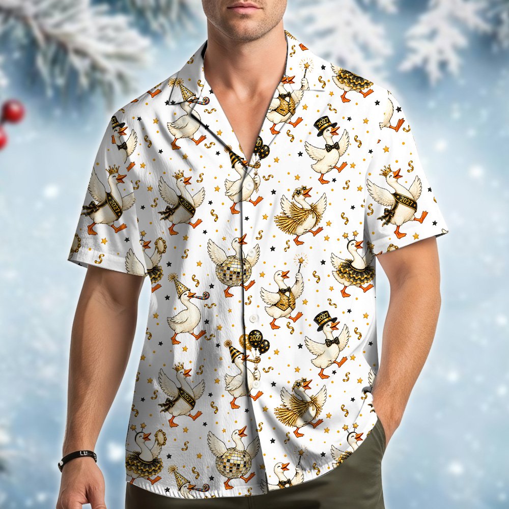 Lifestyle image of someone wearing the yellow new year hawaiian shirt with party geese