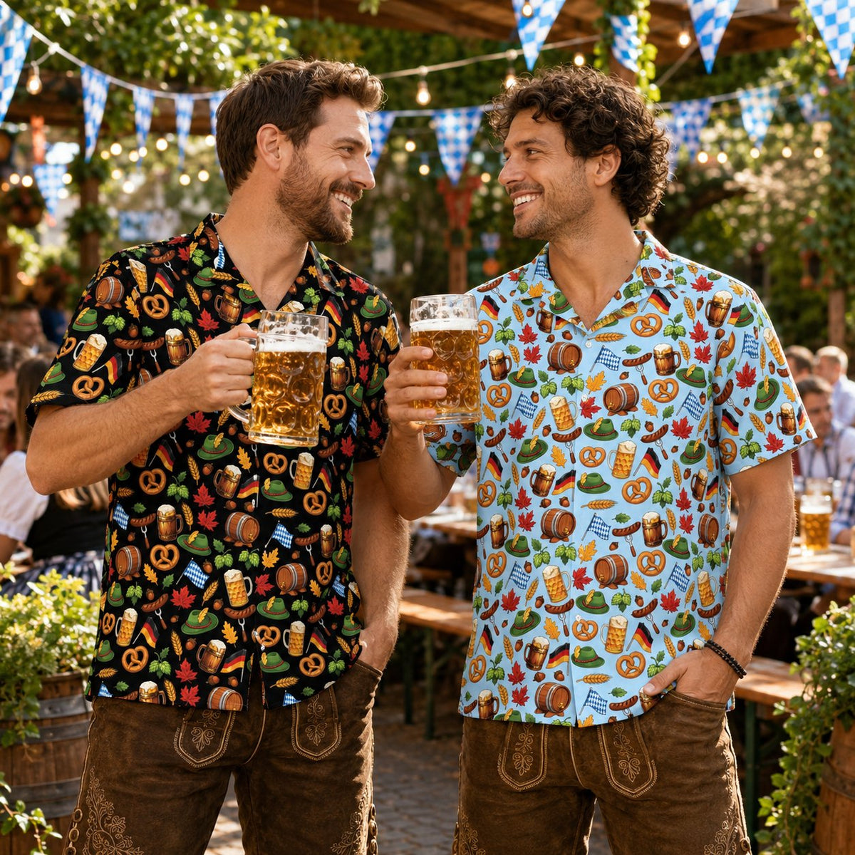 Man wearing the multicolor Oktoberfest hawaiian shirt at an event, lifestyle view