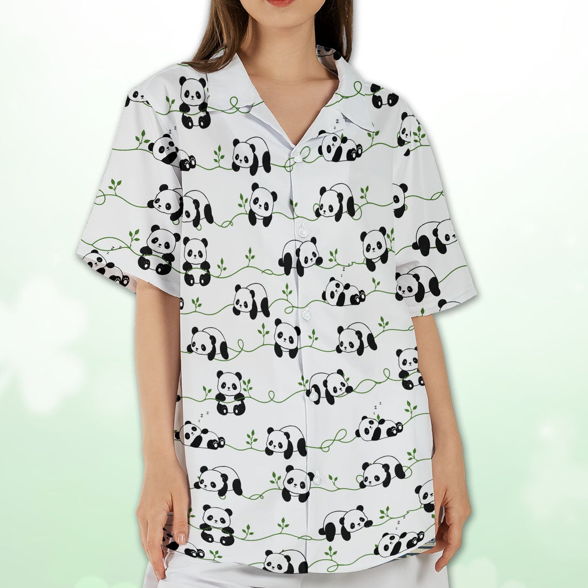Person wearing matching family hawaiian shirts with panda design, lifestyle view 9