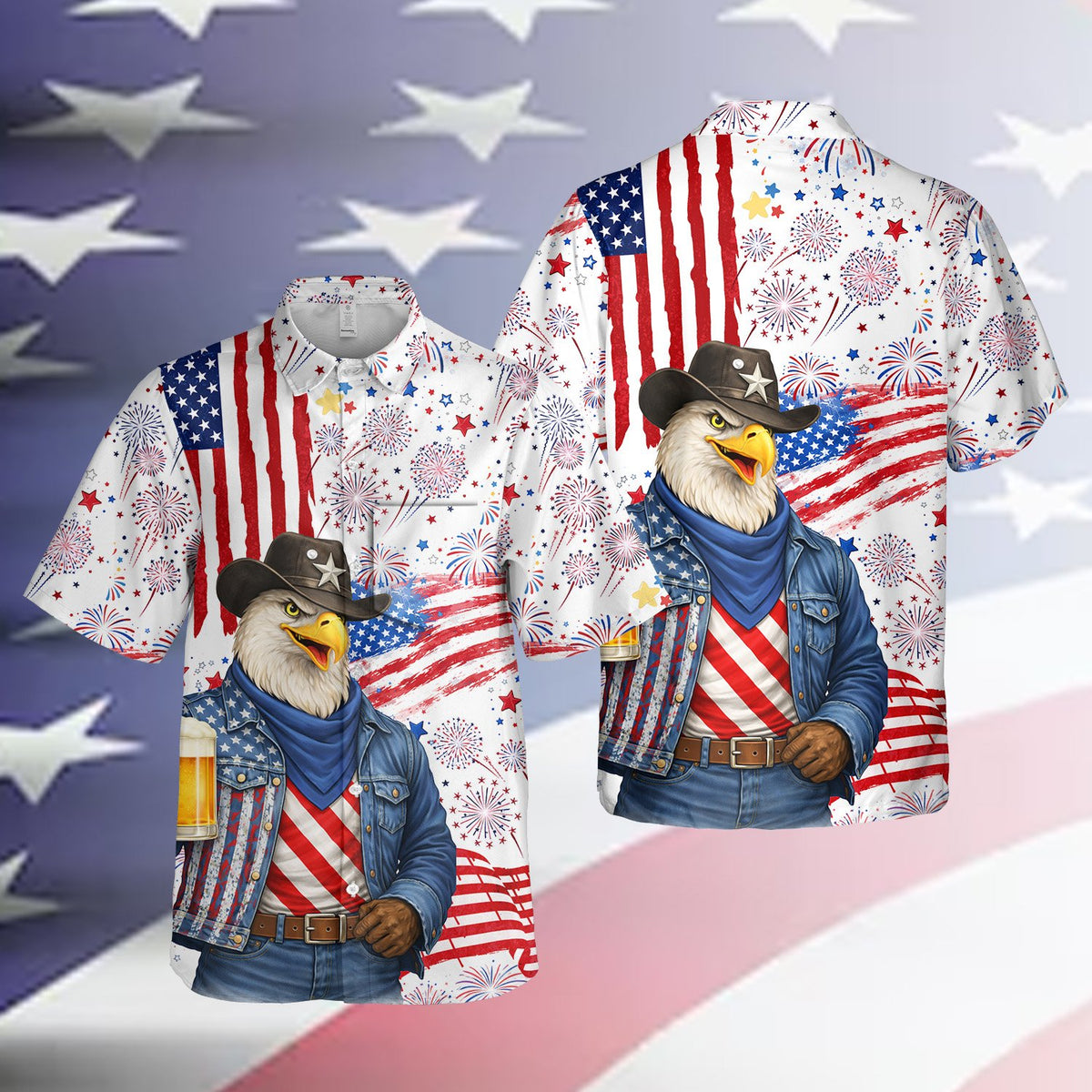 Another lifestyle view of the Fourth of July Hawaiian shirt.