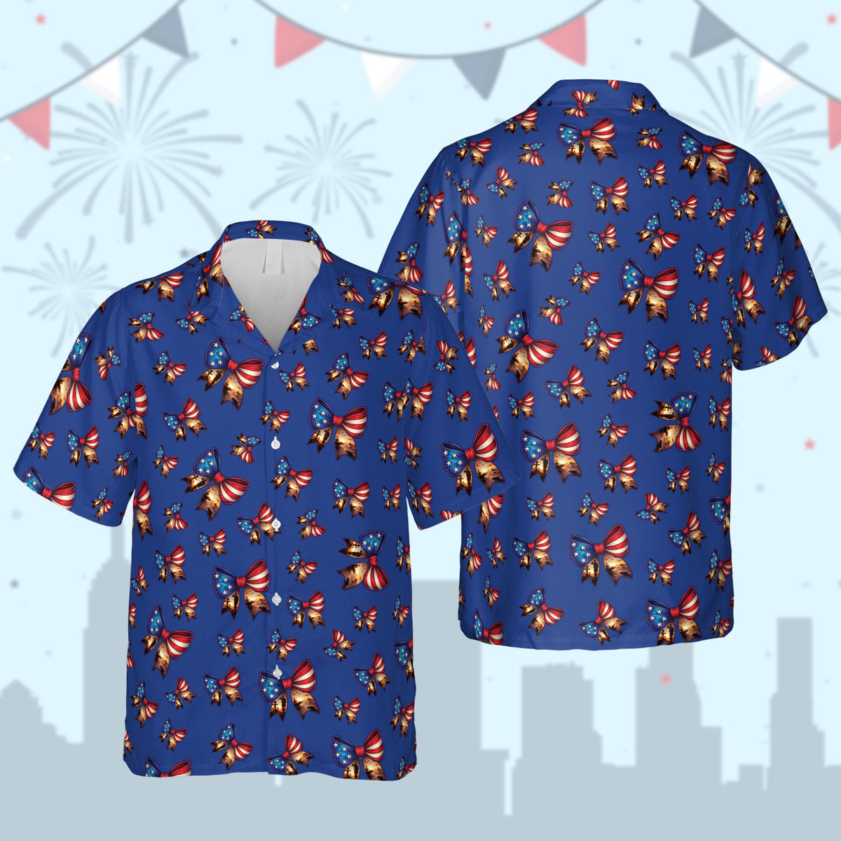 Blue matching family hawaiian shirt with patriotic stars and stripes bows