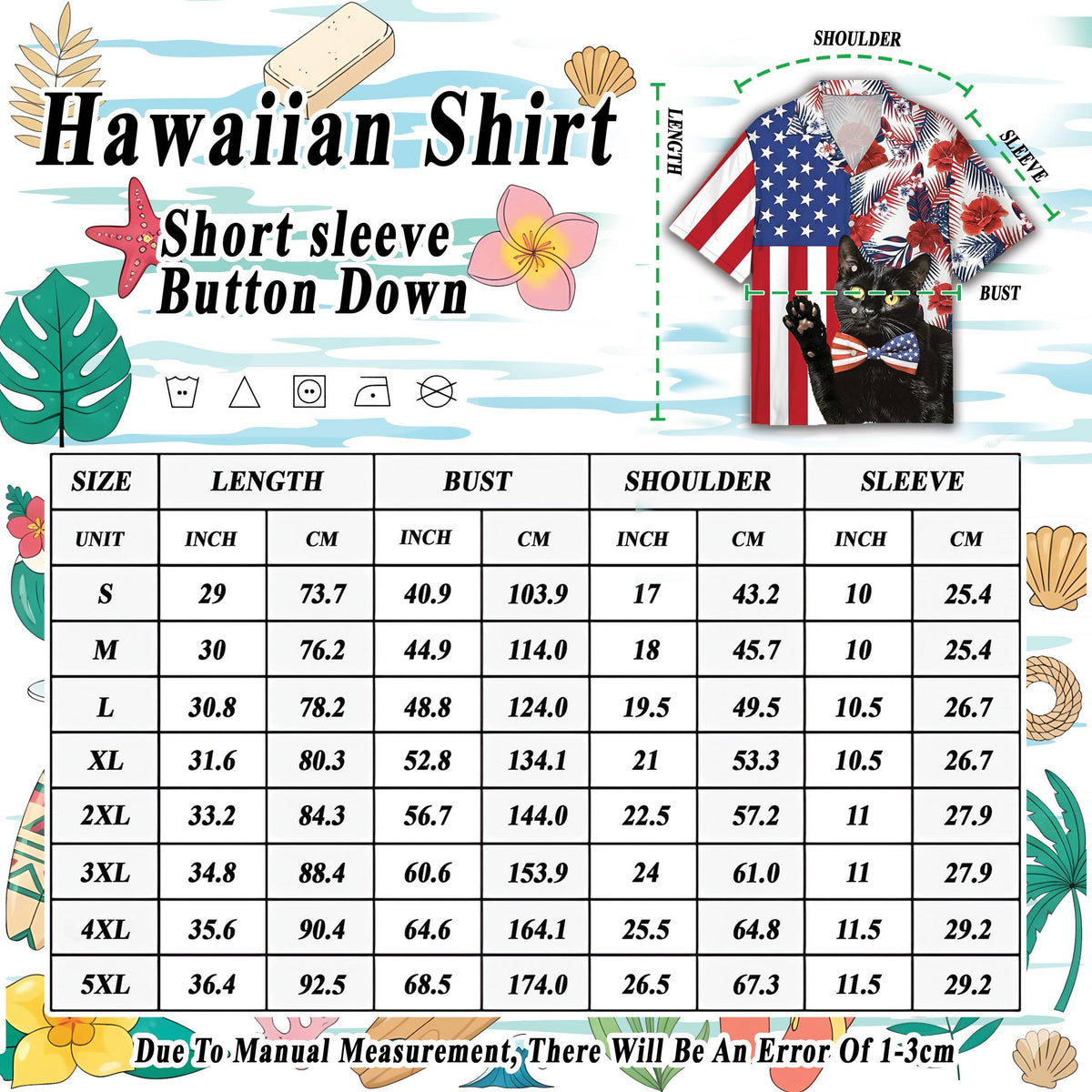 Detail view of the tropical floral pattern and cat design on the hawaiian shirt