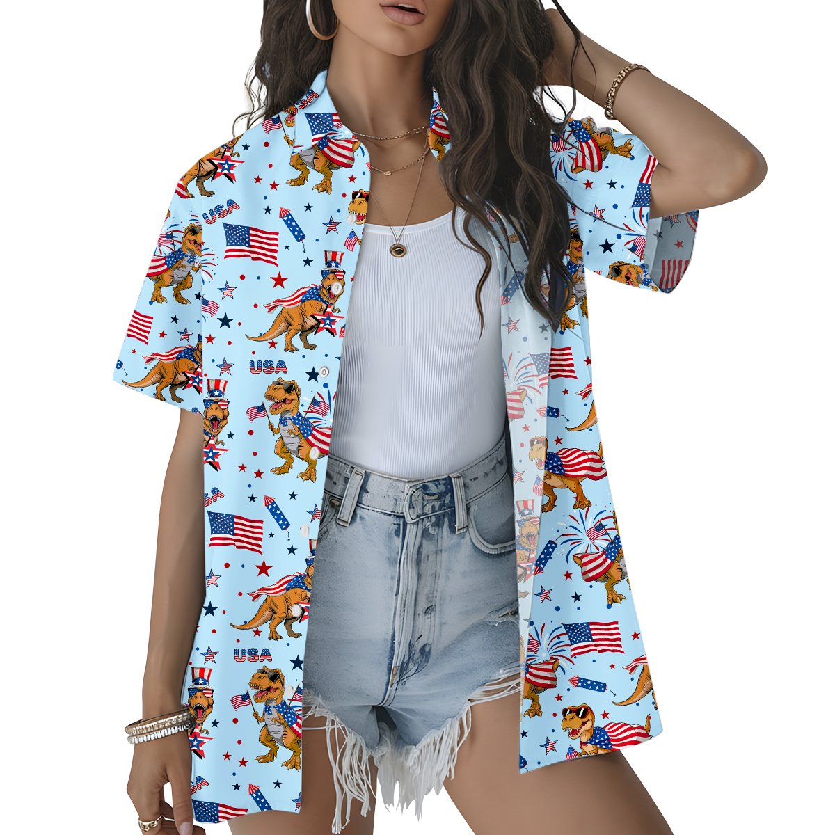 Close-up lifestyle view of the patriotic dinosaur hawaiian shirt showcasing the hibiscus flowers and T-Rex design