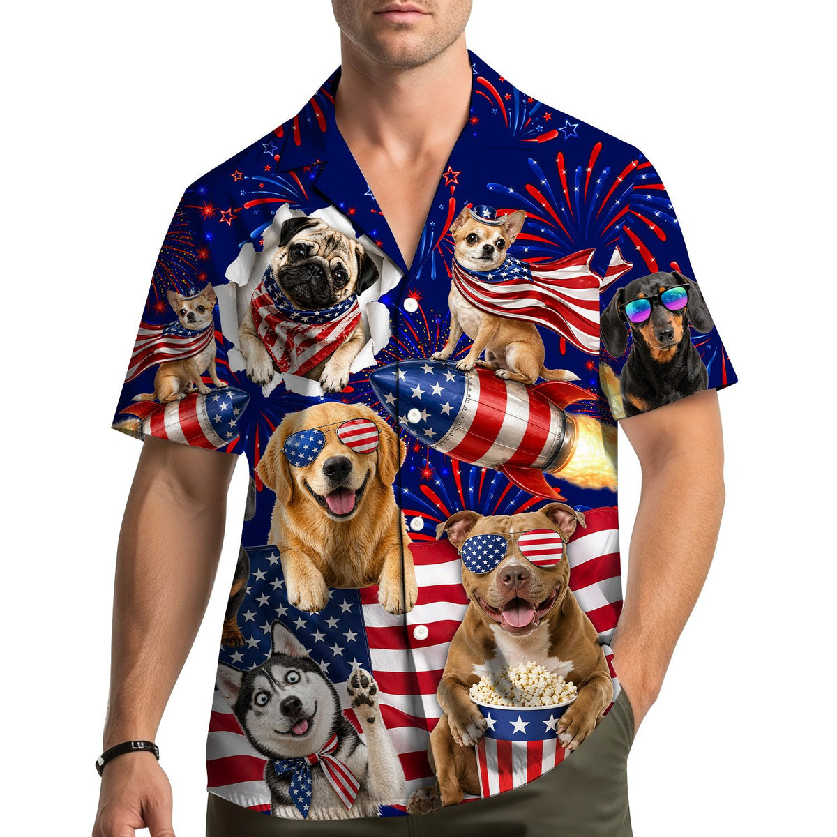 Lifestyle view of the family wearing matching fourth of july hawaiian shirts