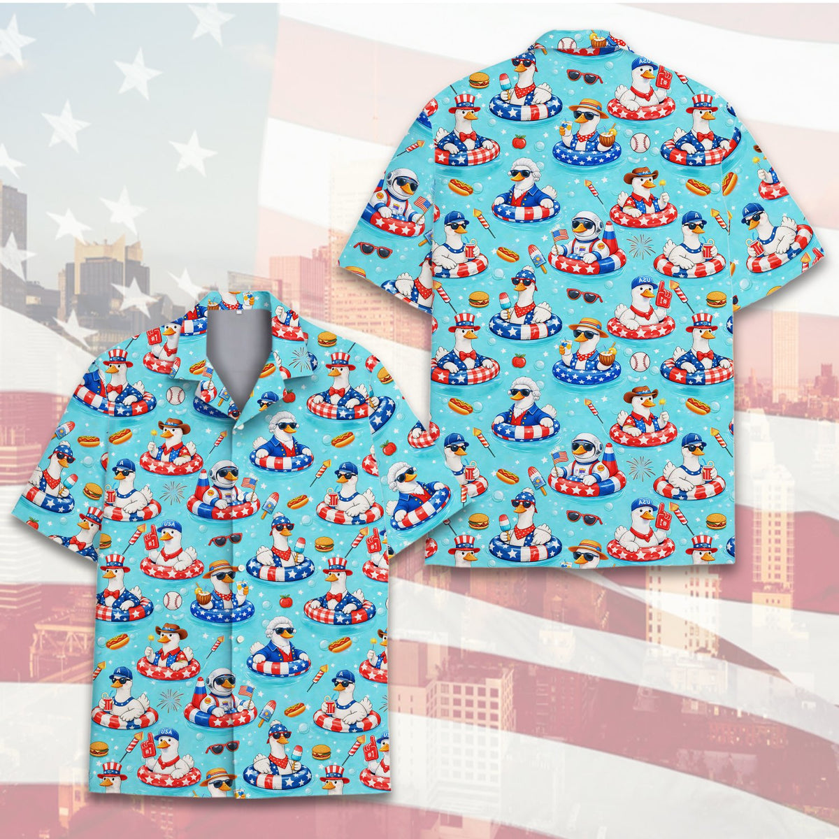 Matching family hawaiian shirts with patriotic cartoon ducks, second alternative view