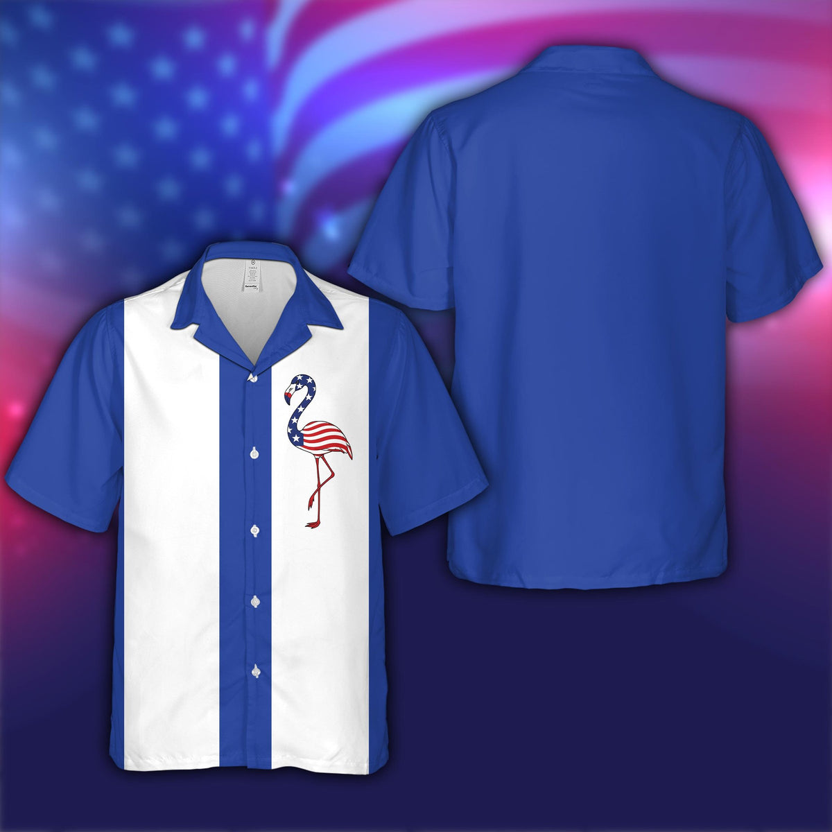 Front view of the matching family hawaiian shirts featuring a patriotic flamingo graphic