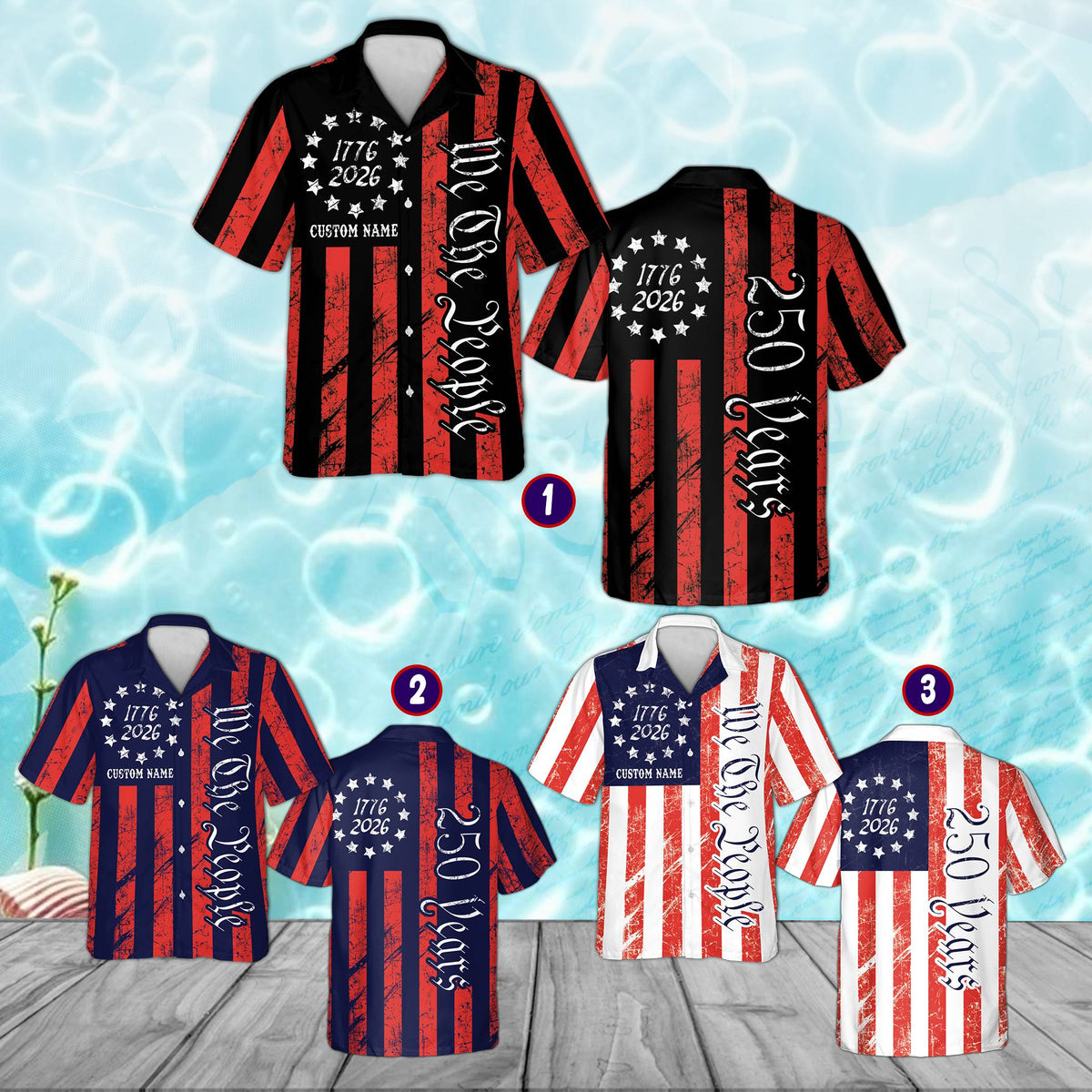 Matching family hawaiian shirts in patriotic design, front view