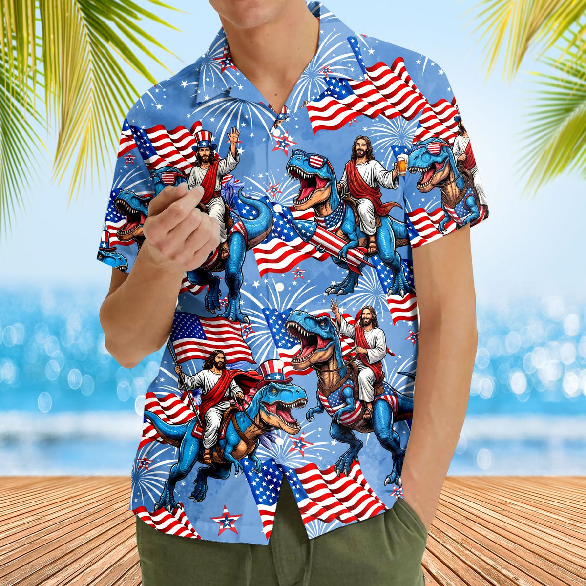 Side view of the patriotic dinosaur Hawaiian shirt being worn outdoors