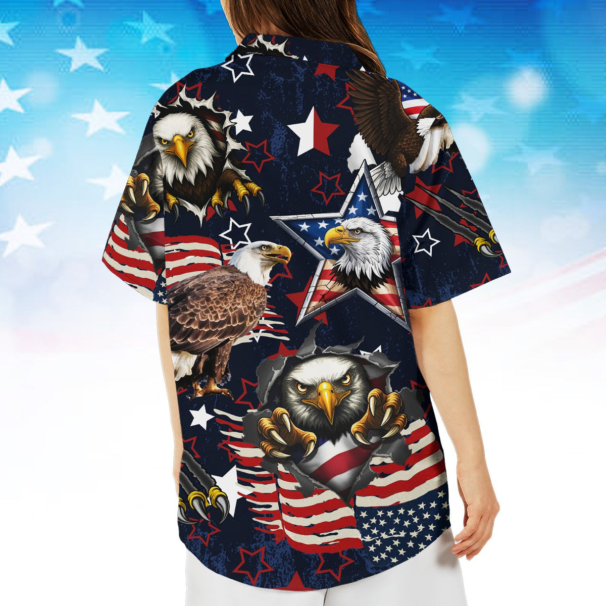Detail of the back design on the patriotic hawaiian shirt