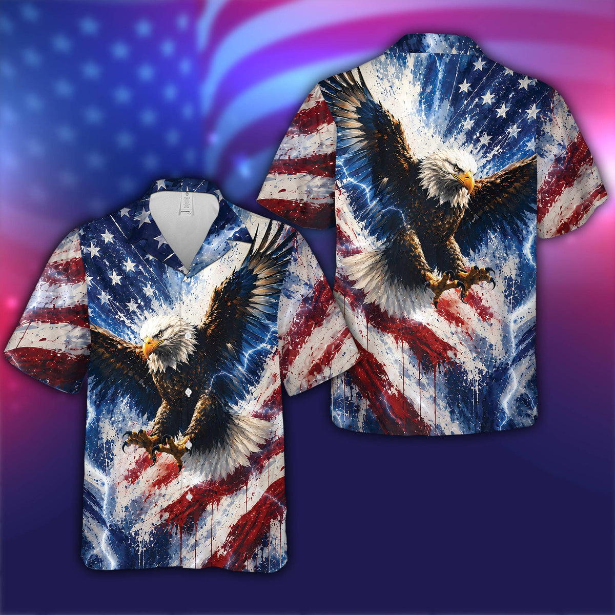Close-up front view of the red patriotic hawaiian shirt with edgy bald eagle and lightning bolt pattern